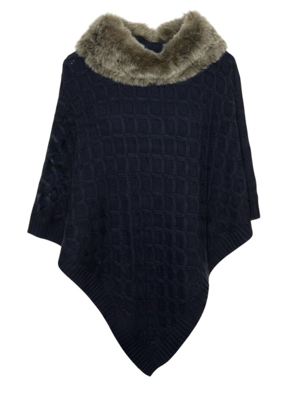 Talbots Textured Cable Knit Poncho Navy Blue
Faux Fur Collar Sweater Cape M/L